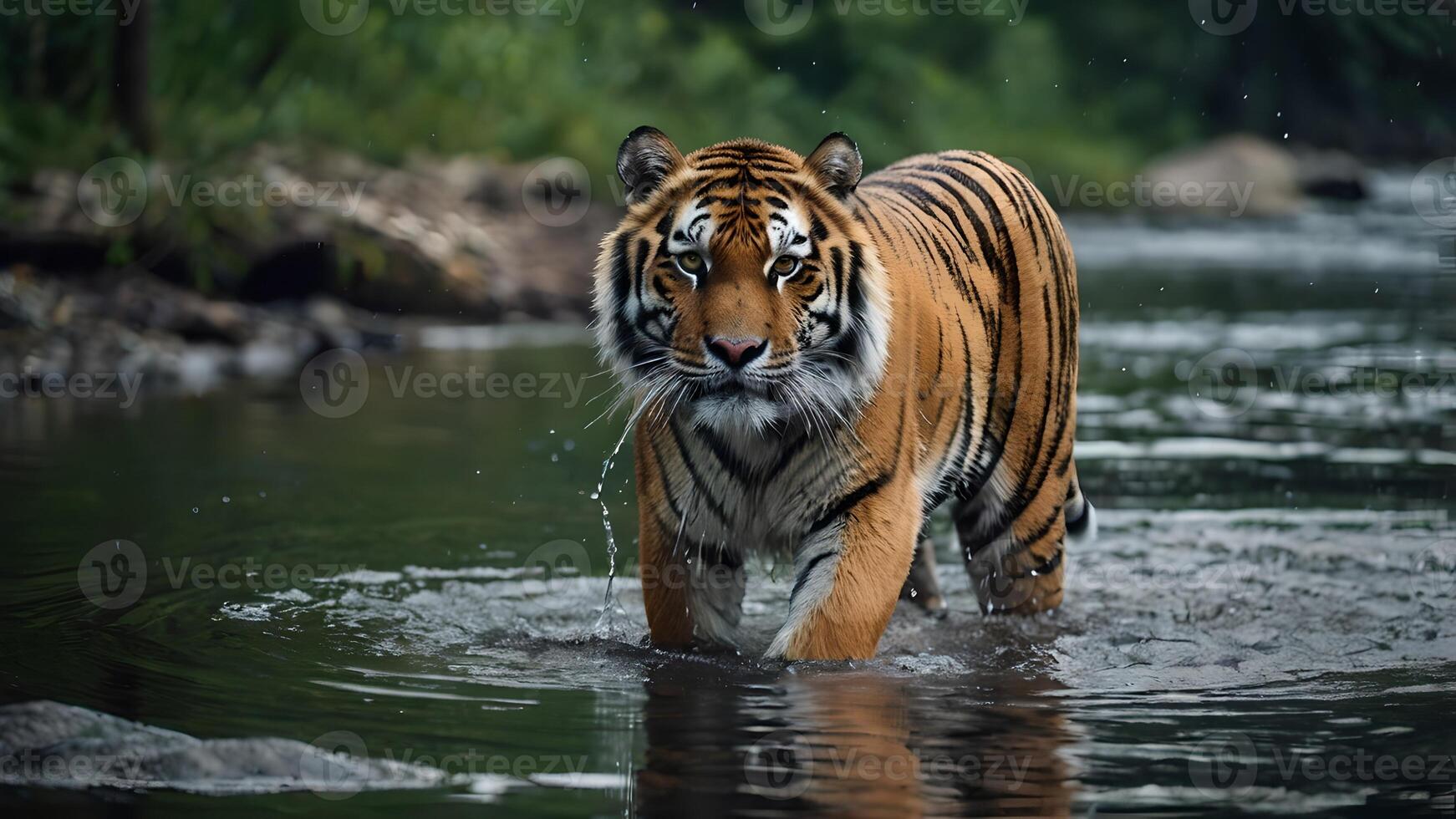 Majestic Amur Tiger Walking Through a River in its Natural Habitat photo