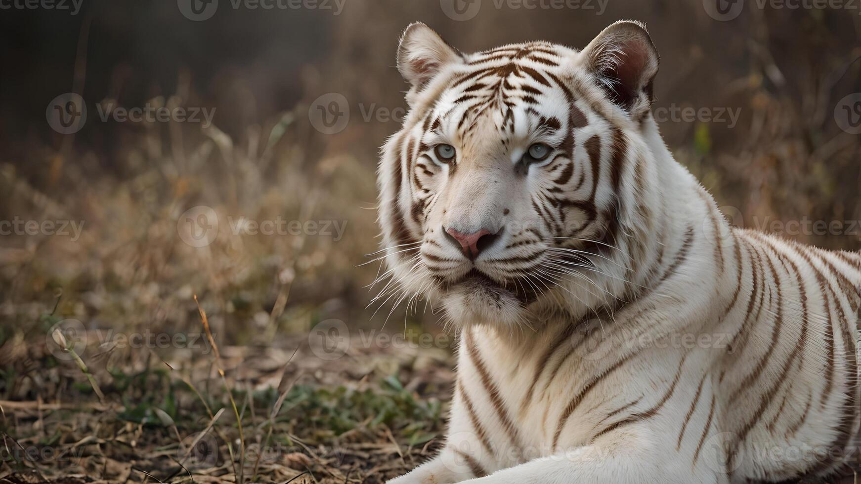 Majestic White Bengal Tiger in Serene Wildlife Habitat photo