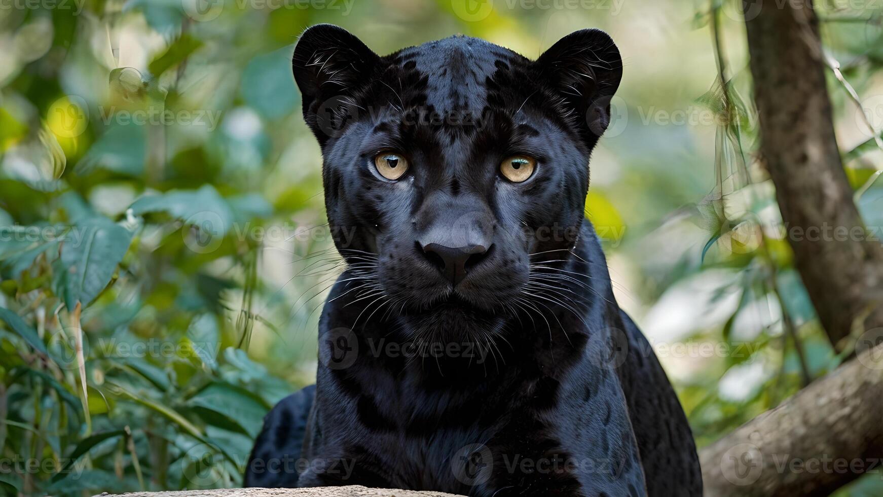 Majestic Black Jaguar in Lush Green Forest photo