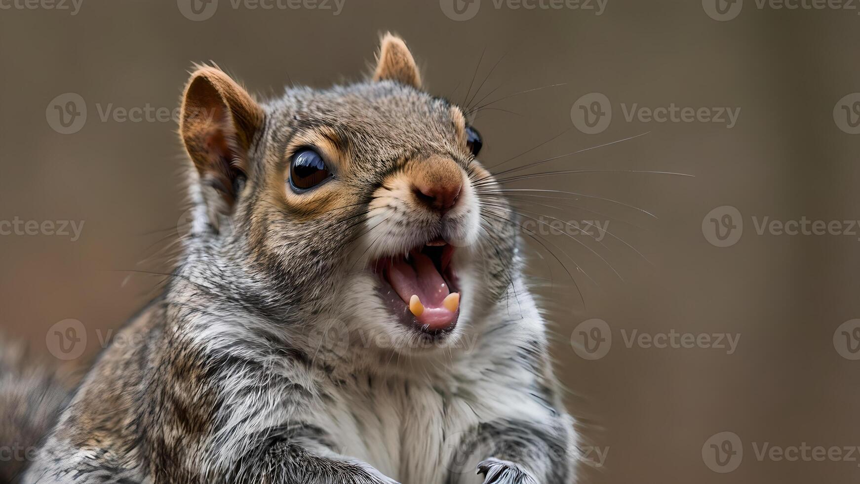 Alert Grey Squirrel Yawning Widely Outdoors photo