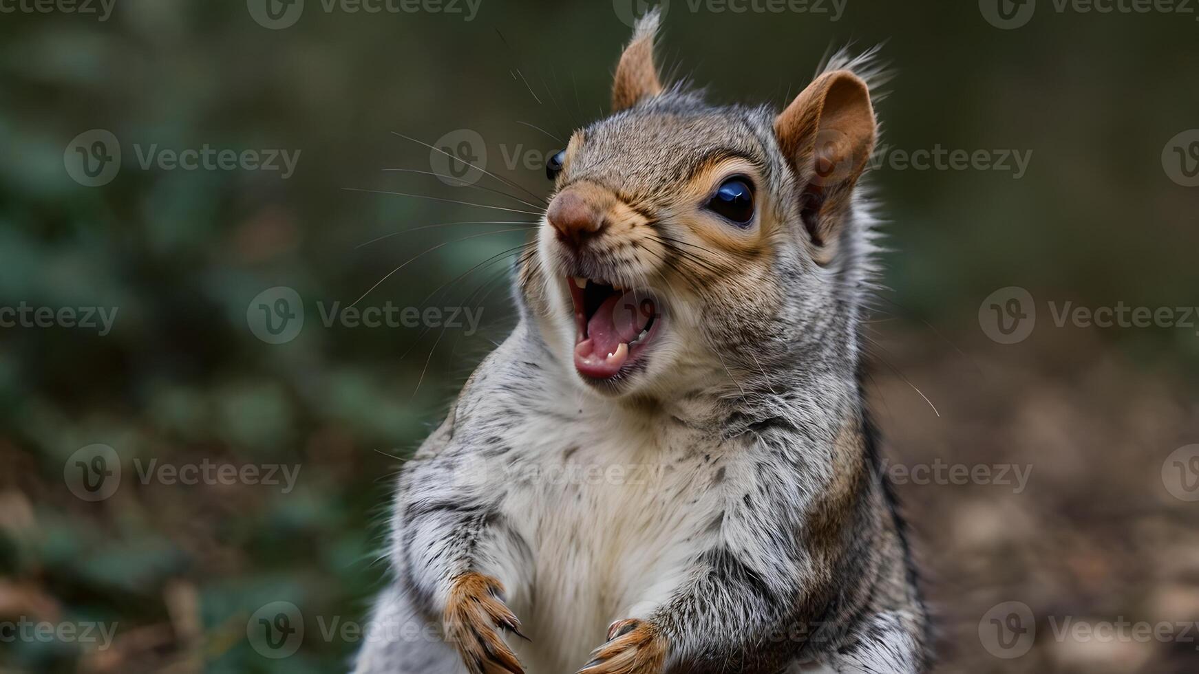 Alert Grey Squirrel Yawning in Autumnal Forest photo