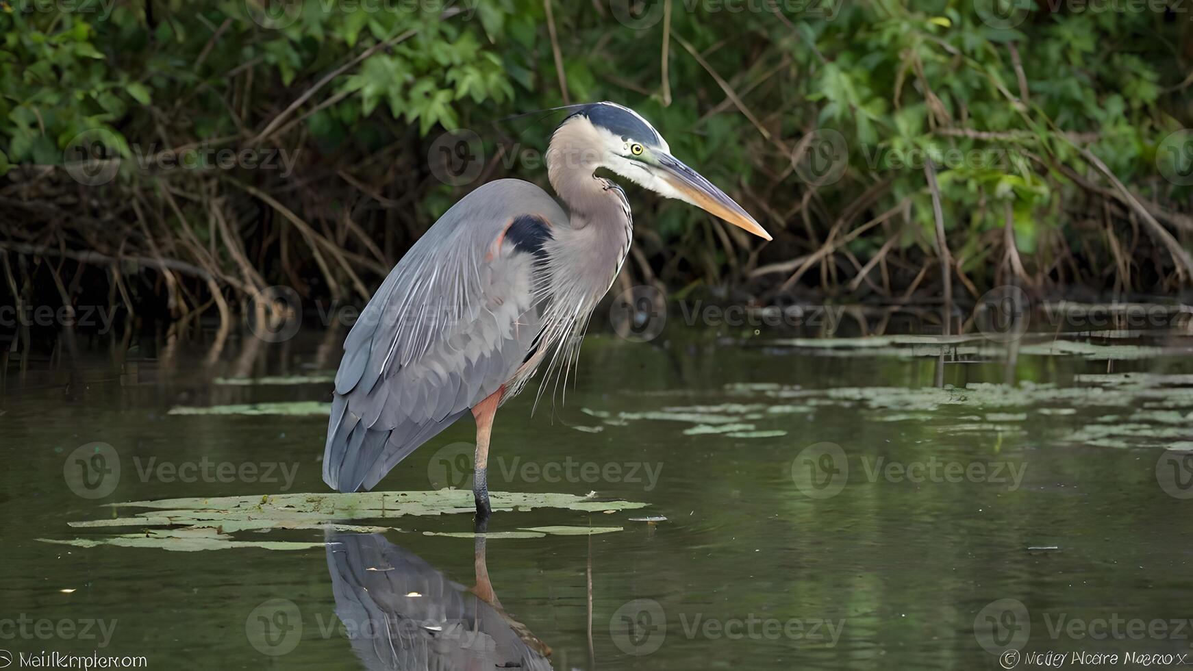 Serene Great Blue Heron in Tranquil Wetland Habitat photo
