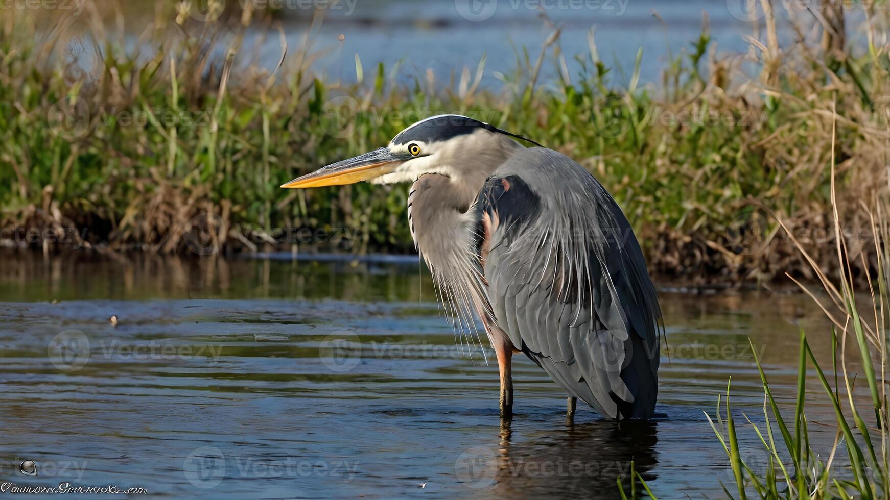 Majestic Great Blue Heron in Calm Marsh Waters photo
