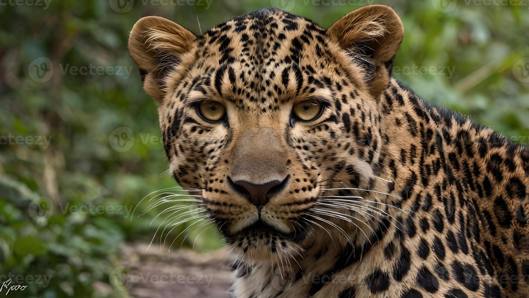 Majestic Javan Leopard Portrait in Lush Green Foliage photo