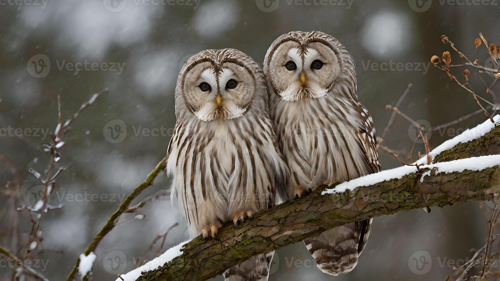 Two Ural Owls Perched on Snowy Branch in Winter photo