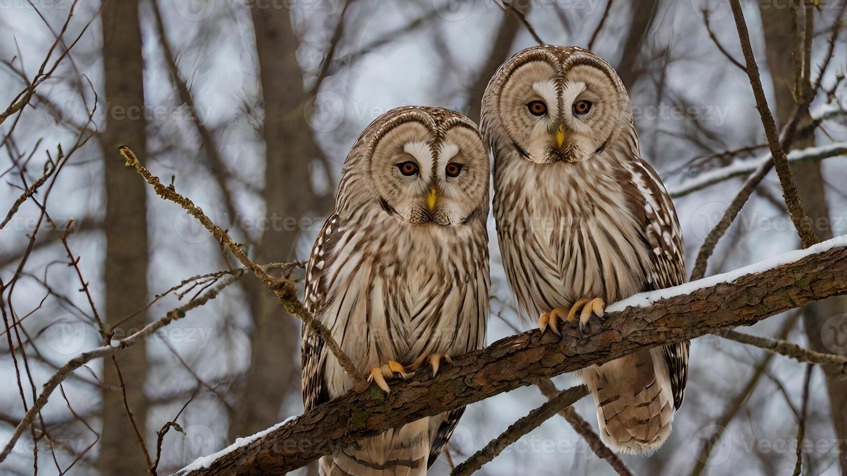 Two Majestic Ural Owls Perched on Winter Branch photo