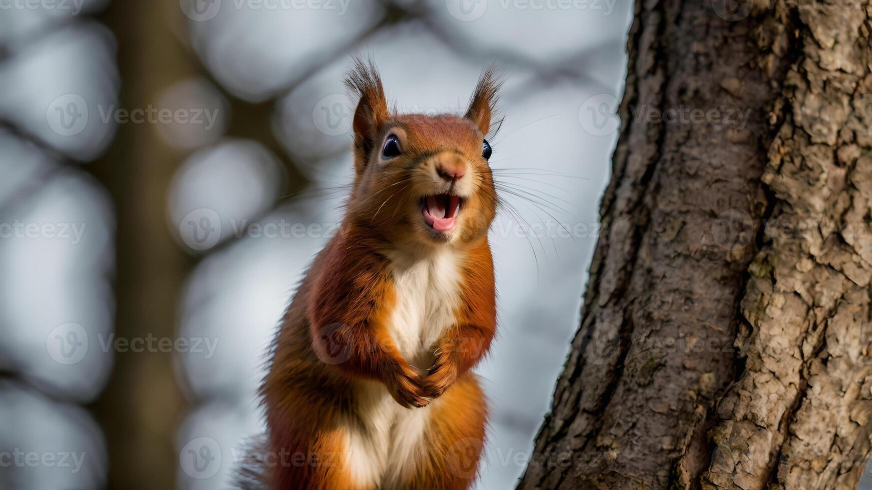 Adorable Red Squirrel Yawning in a Tree photo