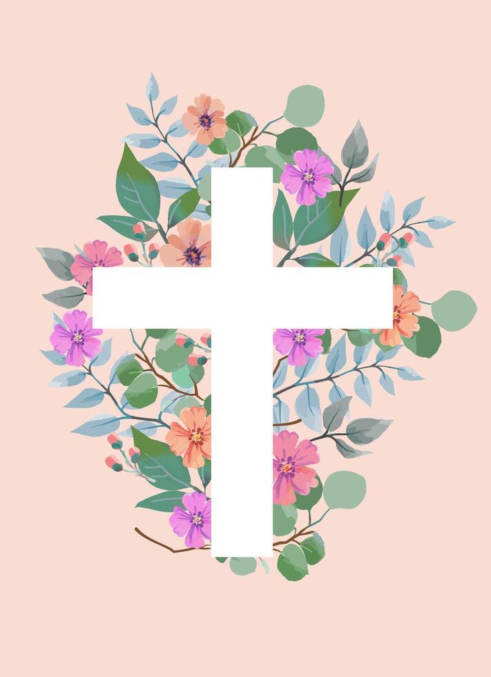 Christian floral cross. Easter holiday background. Baptism Invitations, First Communion, and Easter template card. vector
