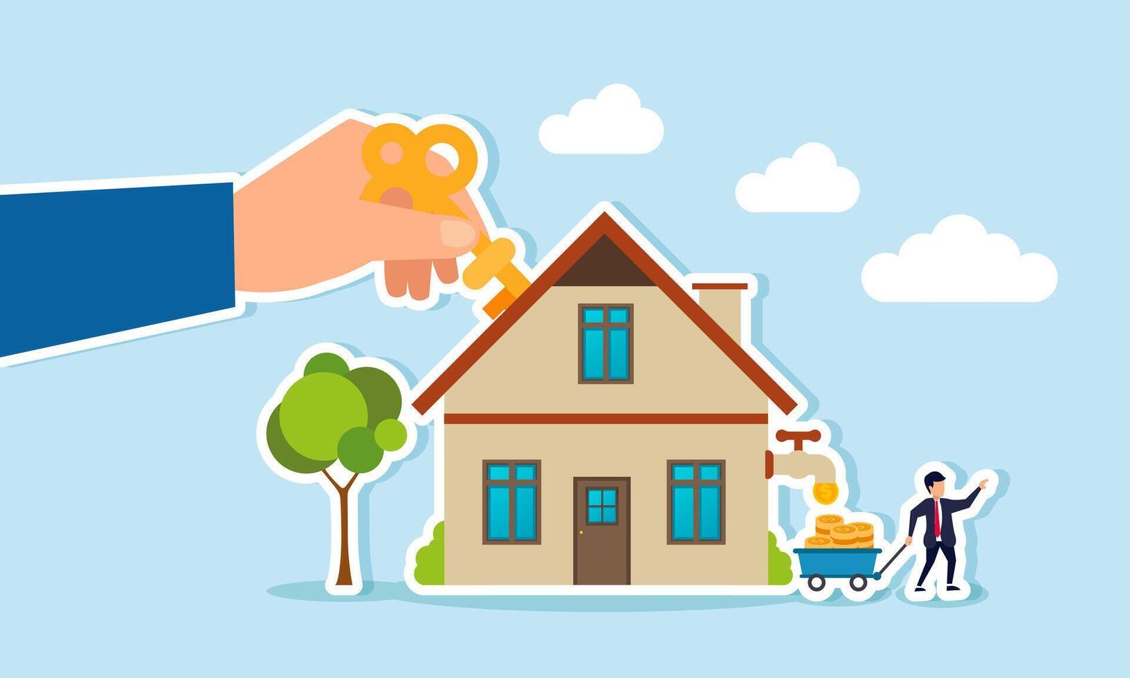 A hand inserts a key into a house while a businessman collects dollar coins from a house, illustration of solutions to increase business profit and revenue vector