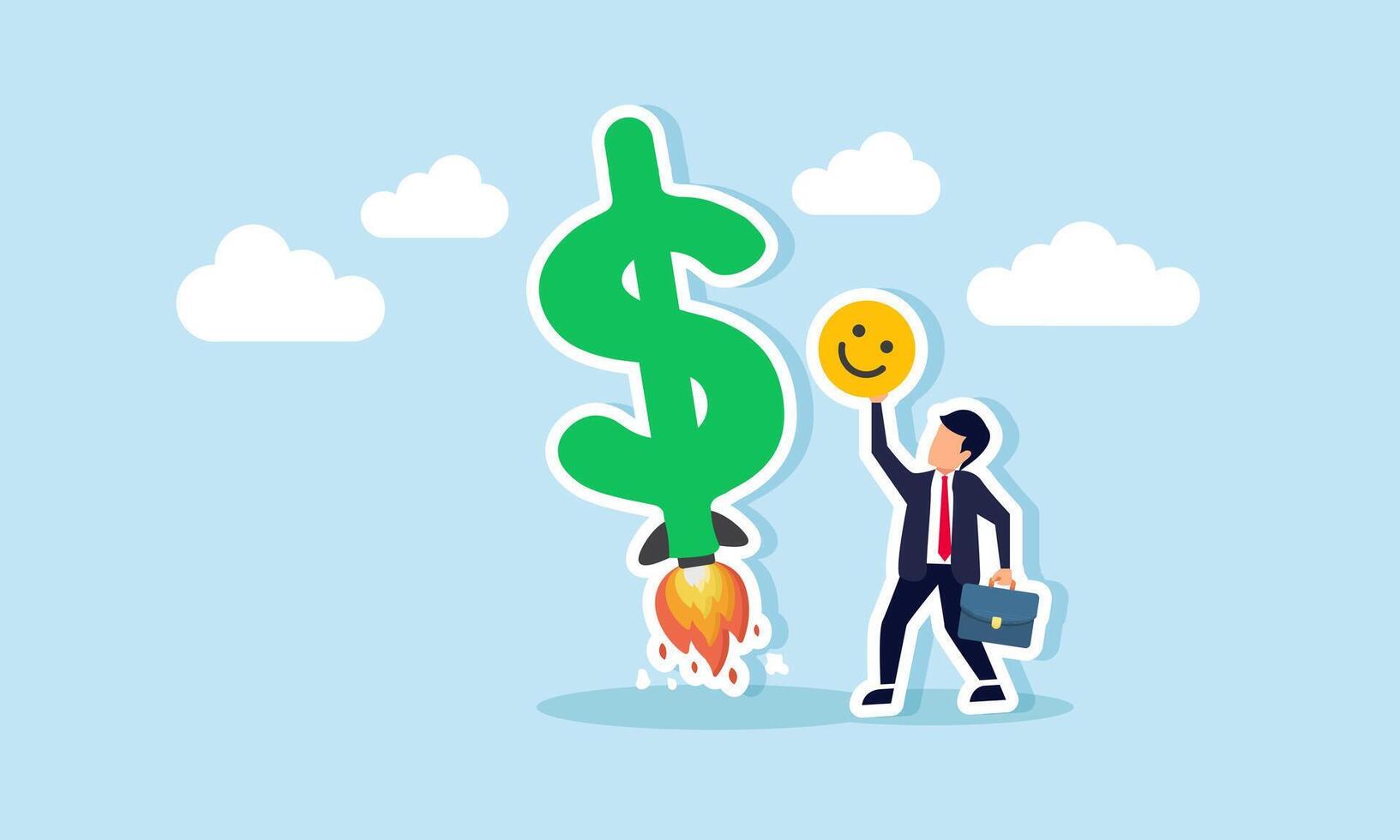A businessman holding a happy emoticon stands beside a dollar sign launching like a rocket, illustration of using positive market attention to exponentially boost business revenue vector