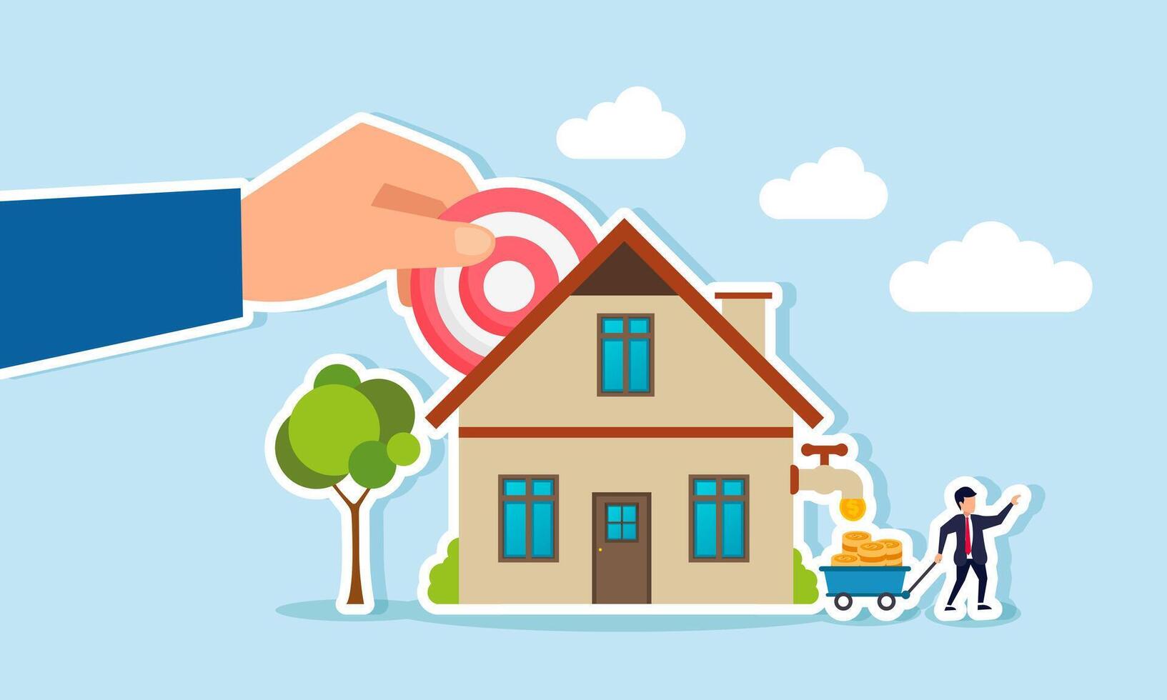 A hand inserts a target board into a house while a businessman collects dollar coins from a house, illustration of achieving business targets directly increasing profit and revenue vector