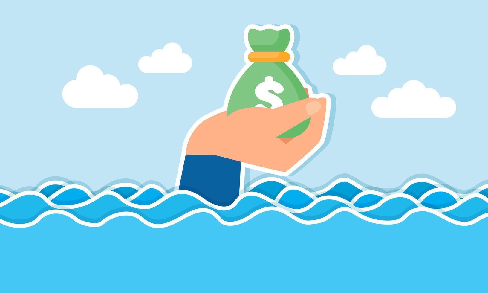 A hand saves a sack of money from a flood, illustration of securing business financial assets vector