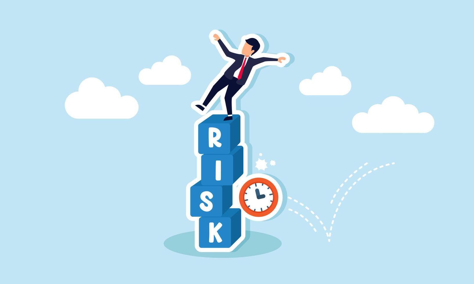 A businessman nearly falls from a stack of boxes labeled RISK hit by a clock, illustration of approaching project deadlines increasing risk vector