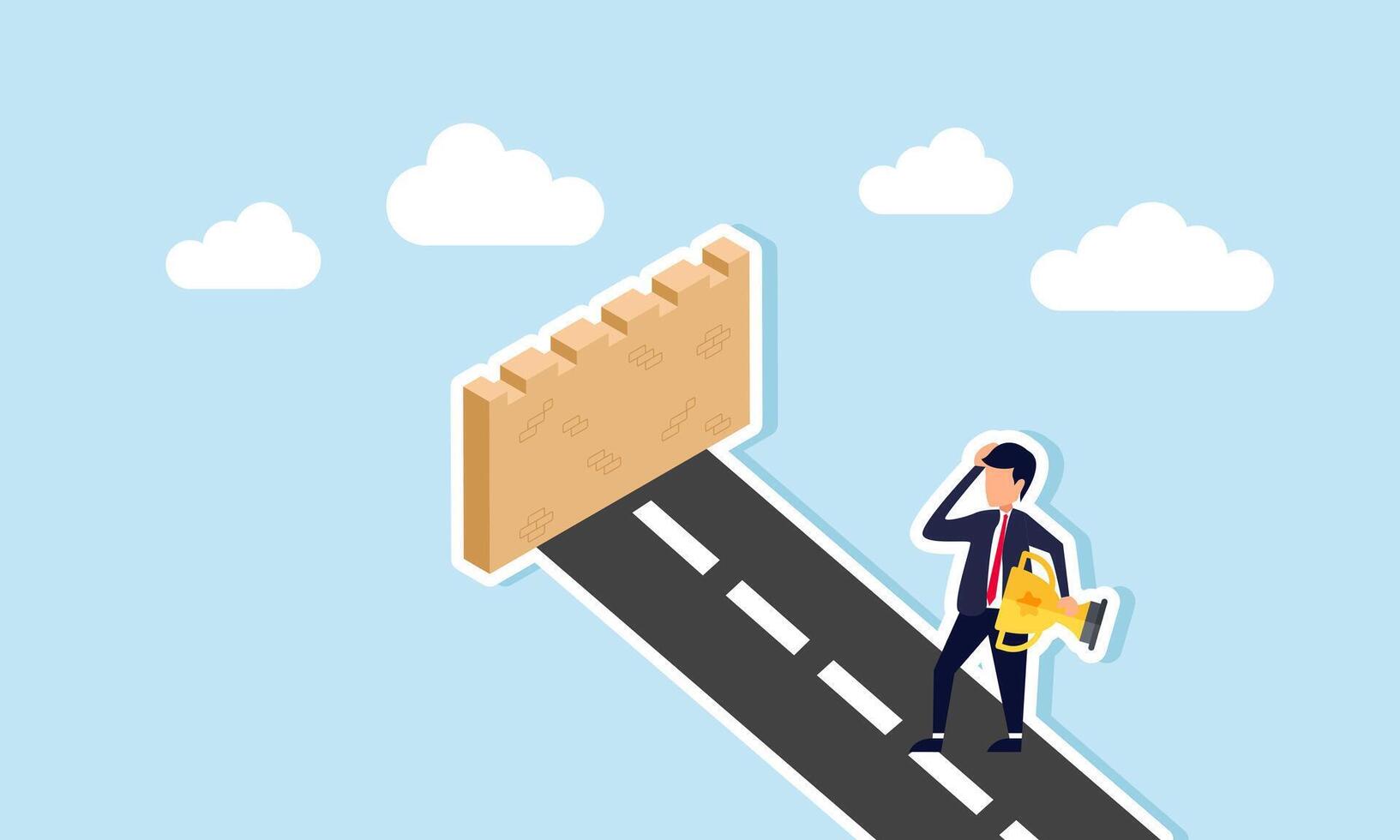A businessman carrying a trophy looks confused by a wall blocking the path, illustration of thinking about ways to become a leading company vector
