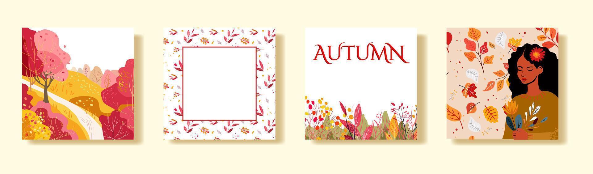 Set of square posters with autumn cards. Hamd drawn vectoor vector