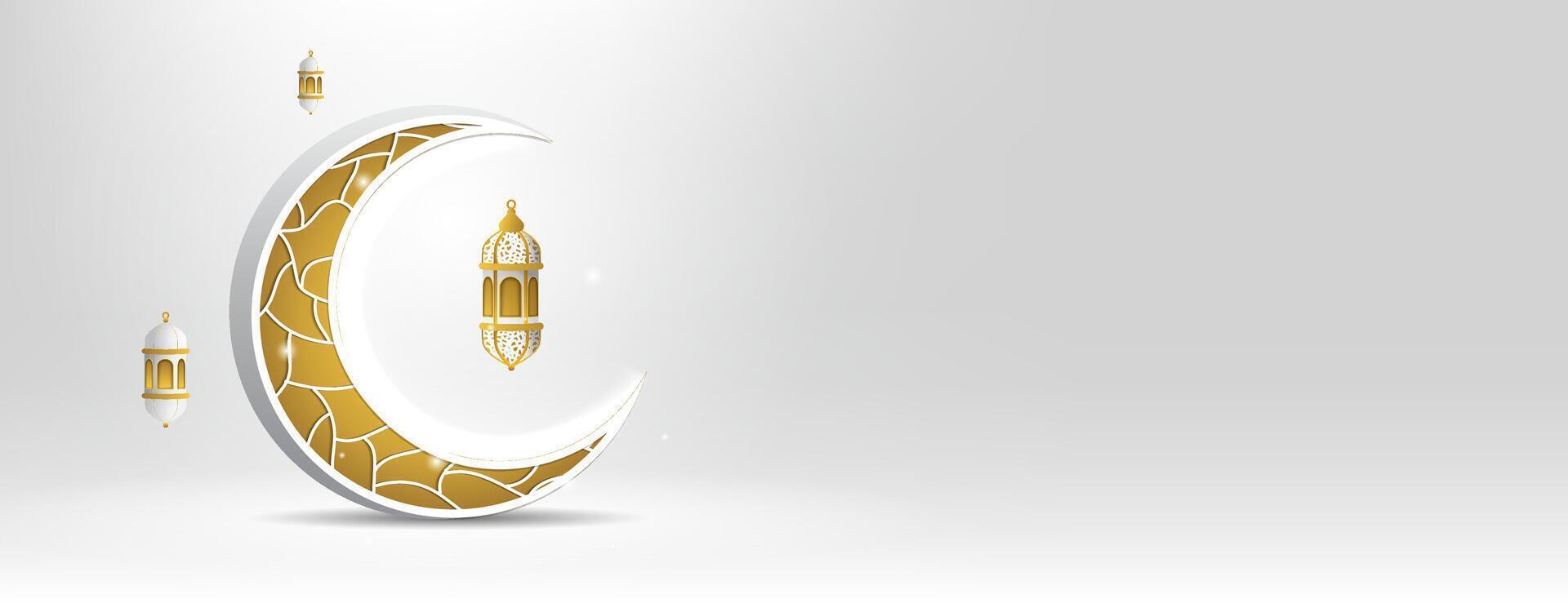 3d white islamic banner background with crescent and lantern. great for ramadan kareem, eid mubarak, muharram, eid al-adha, eid al-fitr. vector