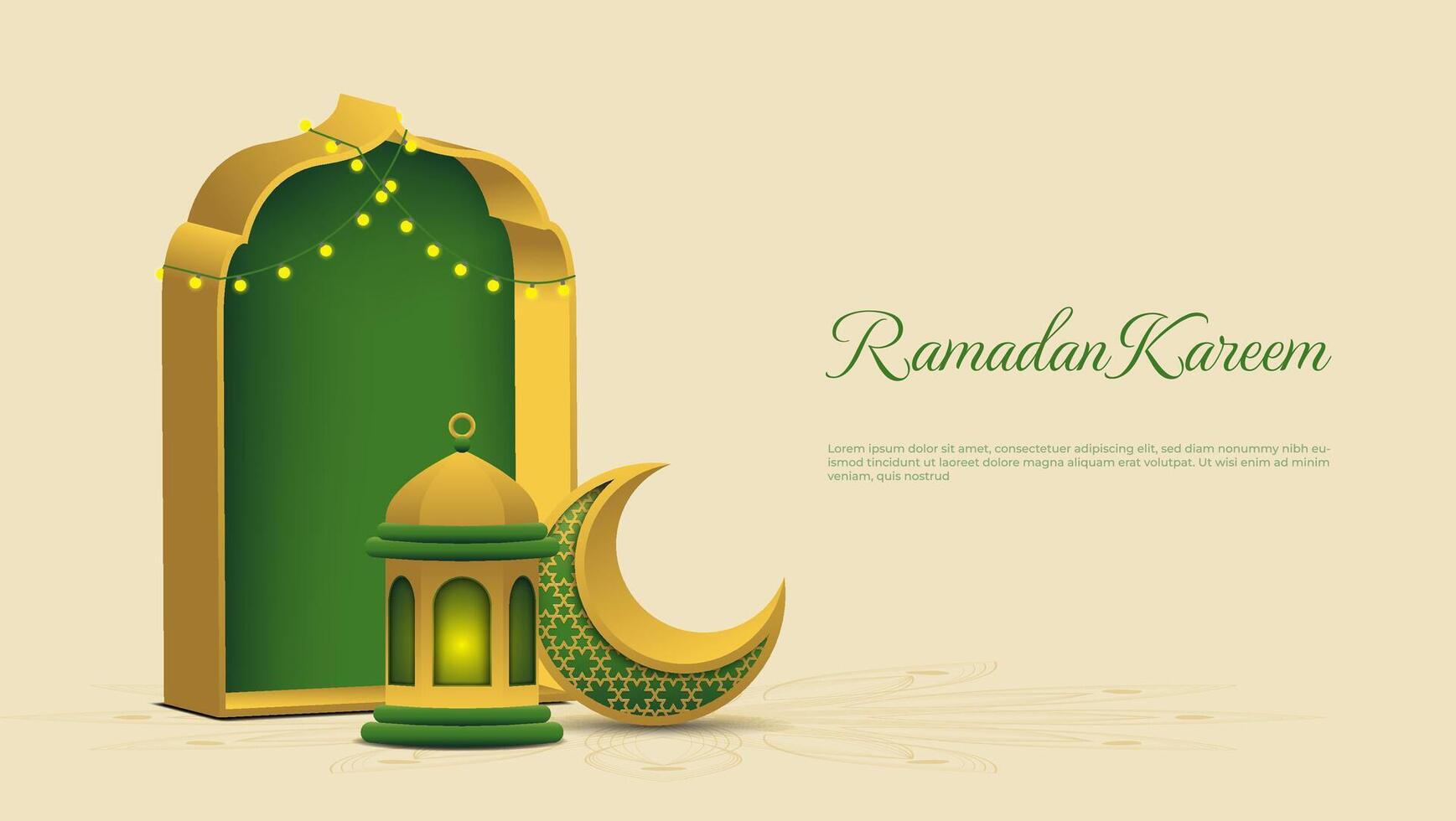 Ramadan Kareem background with 3d crescent, gate and lantern in green and gold color. islamic illustration vector