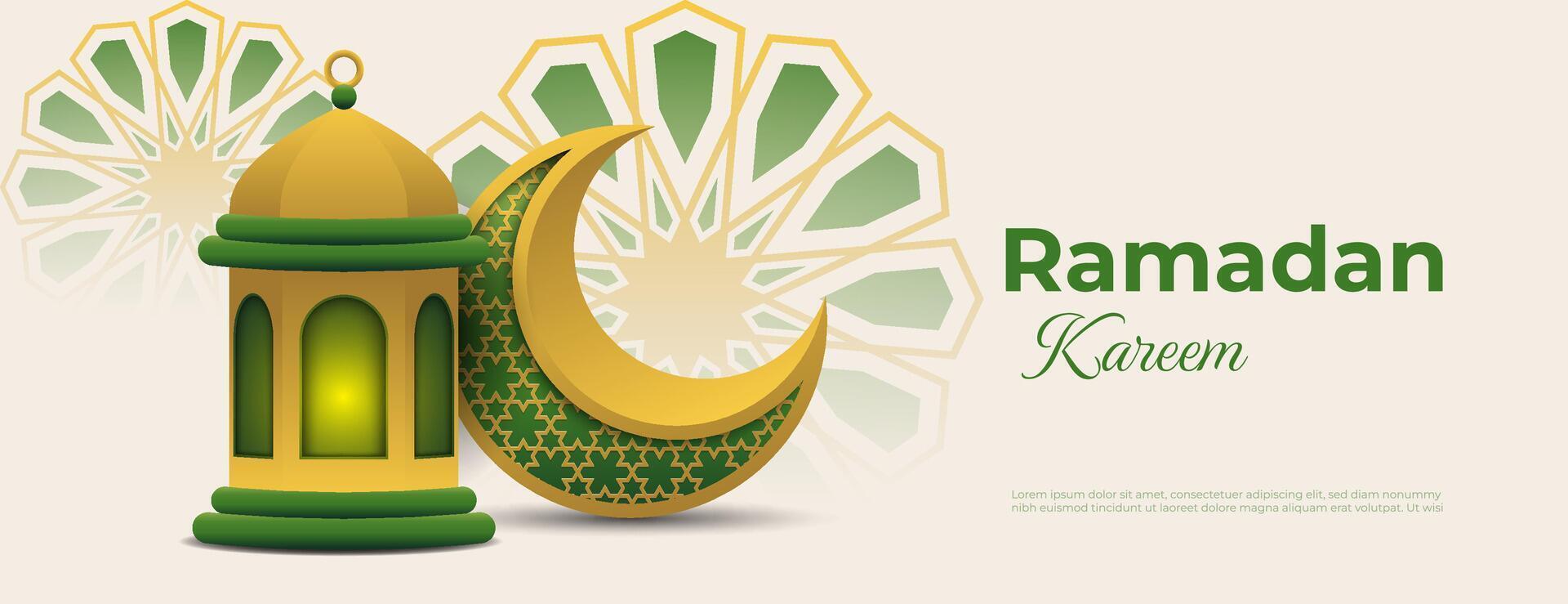 islamic banner background with 3d crescent and lantern in gold and green color. great for ramadan kareem, eid mubarak celebration and other islamic holiday. vector