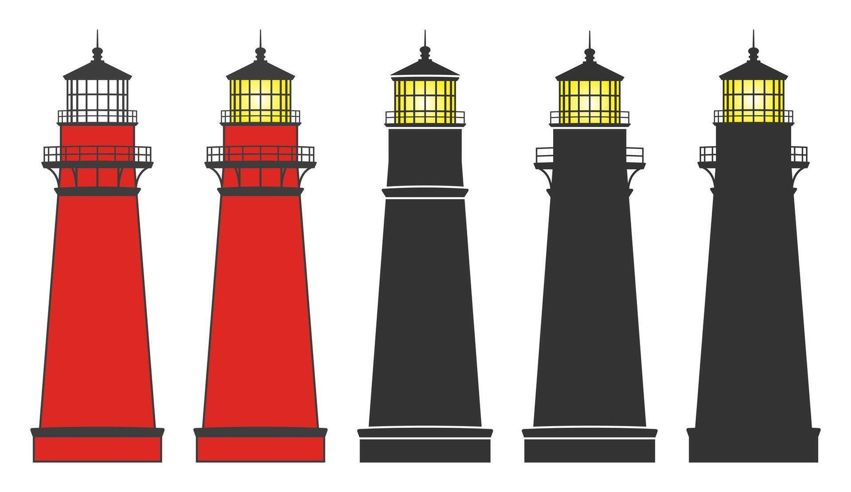 Lighthouse icon symbol shape set. Light house logo sign collection. Navigation Shore light beacon. old lighthouse silhouette illustration. Isolated on white background. vector