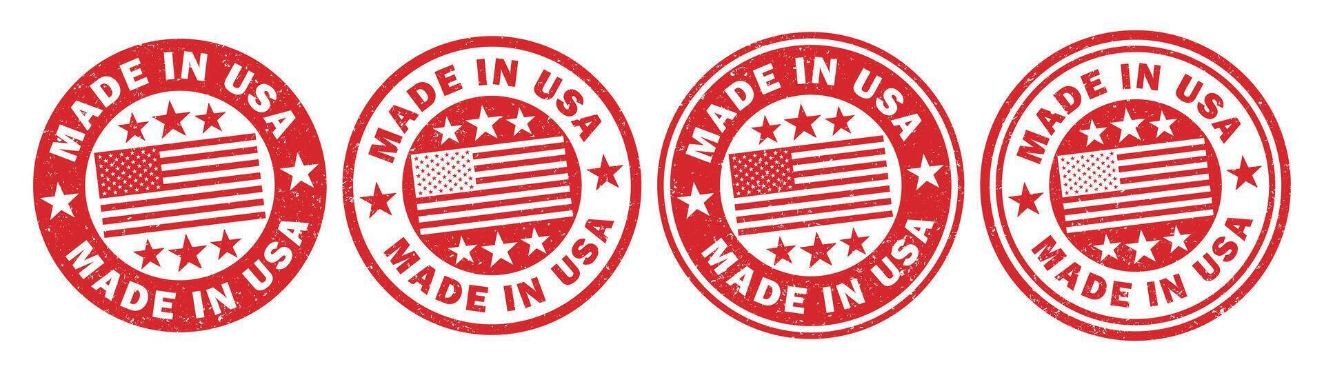 Made in USA grunge style circle rubber stamp badge icon set. Produced in the USA logo sign symbol. illustration image. Isolated on white background. vector
