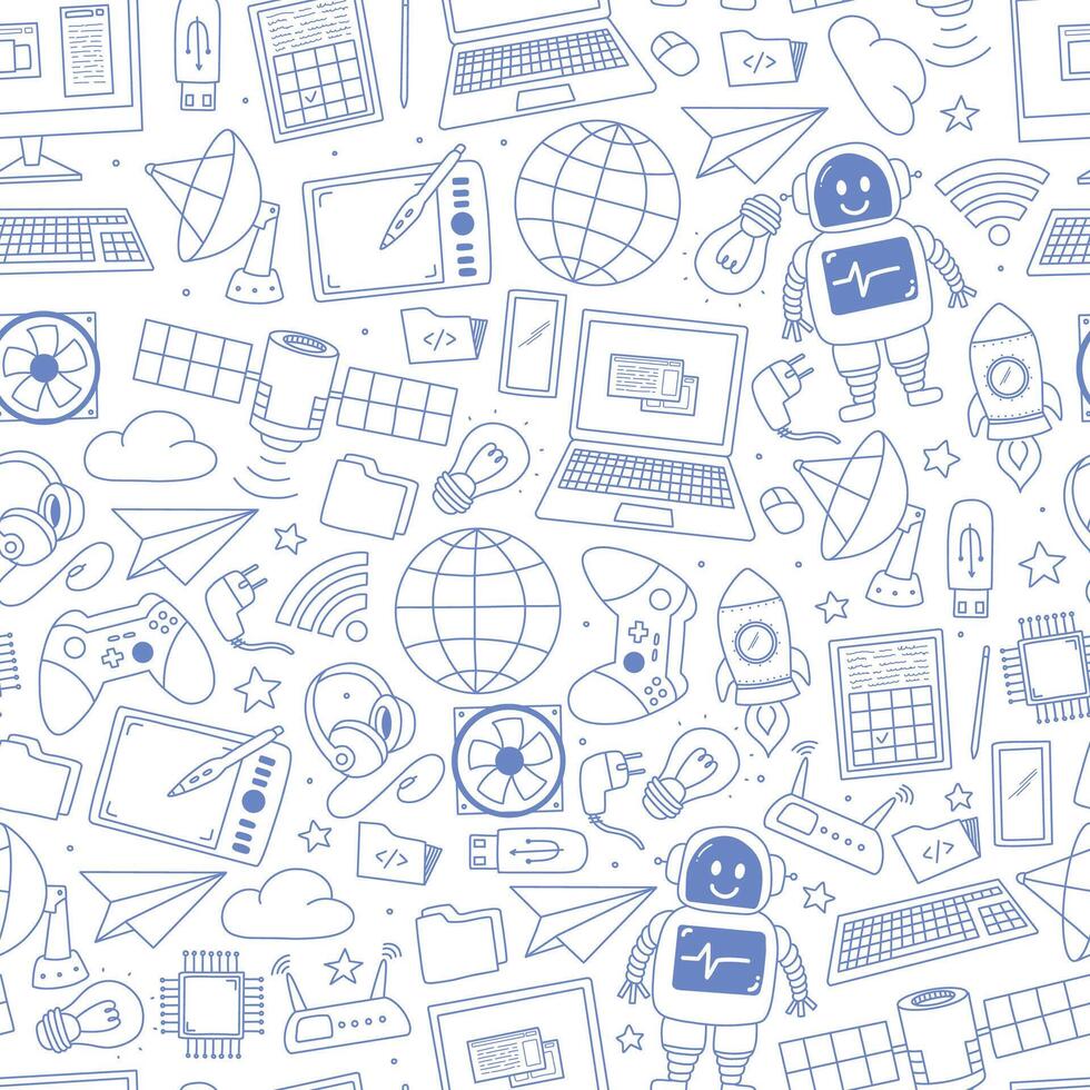 Technology doodles, cartoon elements monochrome seamless pattern for wallpaper, digital paper, scrapbooking, stationery, wrapping paper, etc. EPS 10 vector