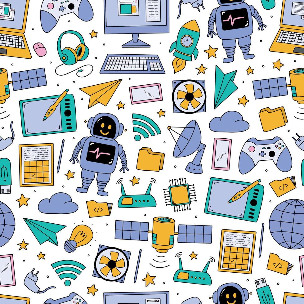 Technology doodles seamless pattern, wallpaper design with computers, internet connection, artificial intelligence devices. Print, background, wrapping paper. EPS 10 vector