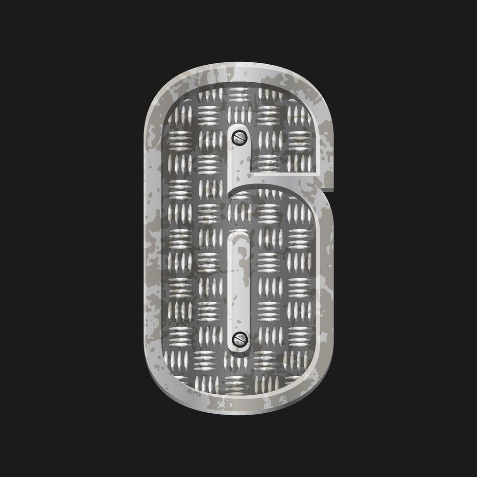 Metallic style silver number Six. Iron number 6 isolated in vector