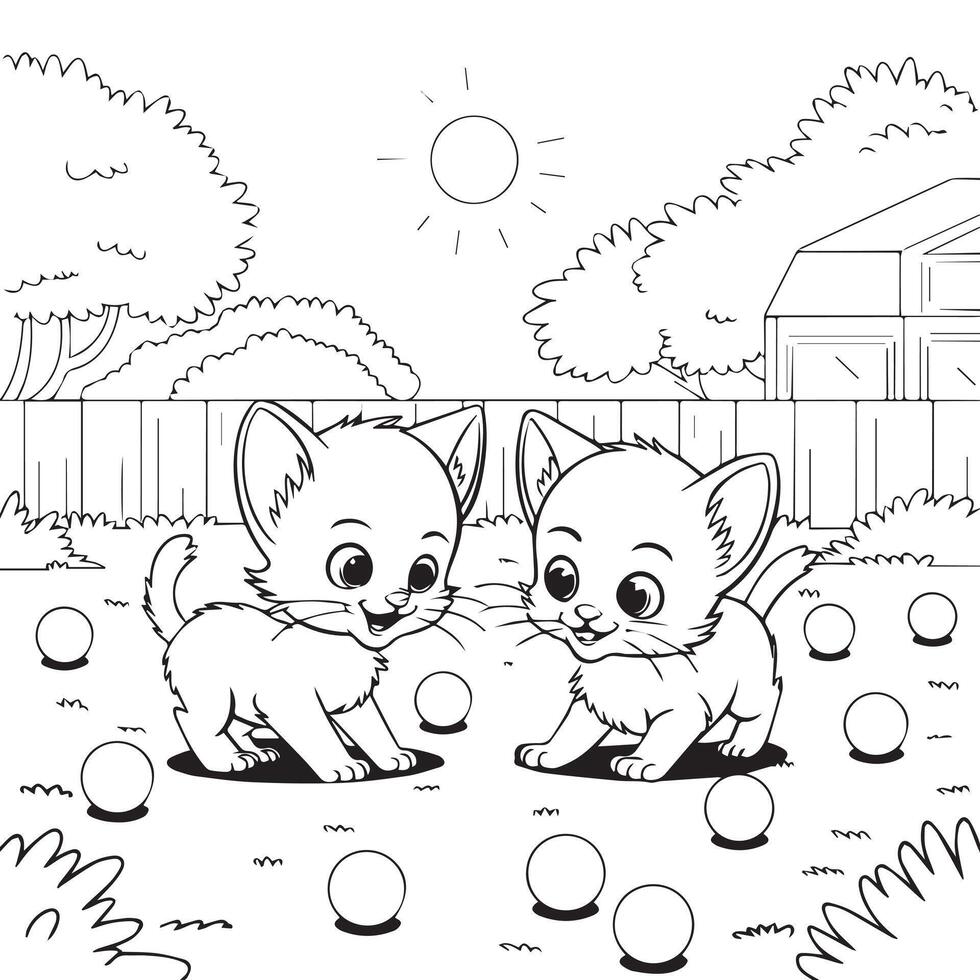two kittens playing in the yard coloring pages vector
