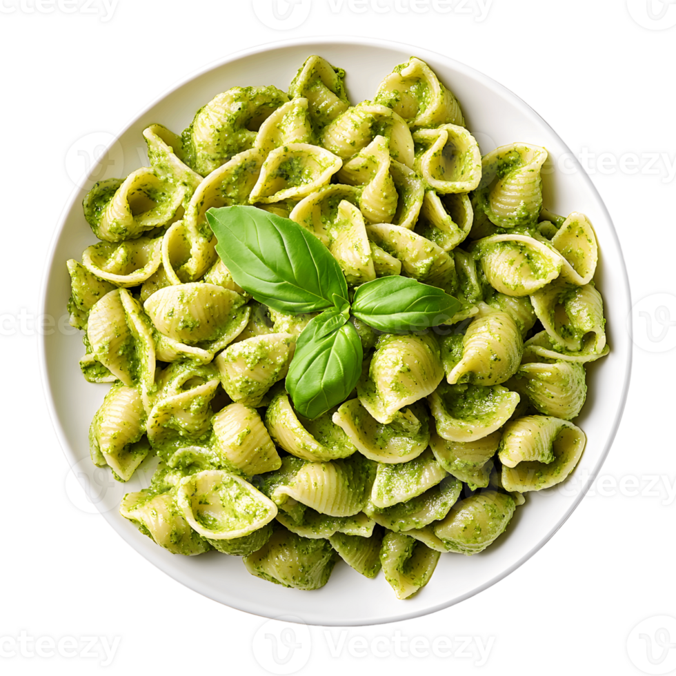 A plate of pasta tossed with vibrant green pesto sauce png