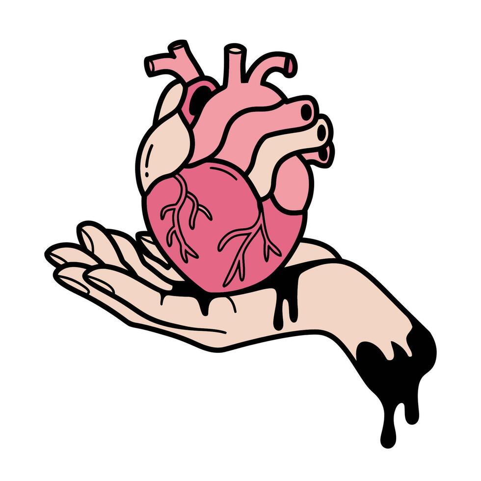 Anatomical Heart in Hand with Ink Drips Illustration vector