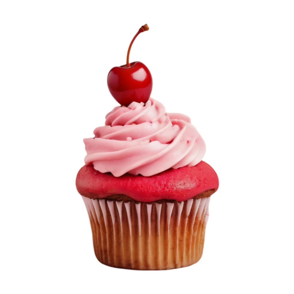 Cherry Topped Pink Frosted Cupcake on Transparent Background png