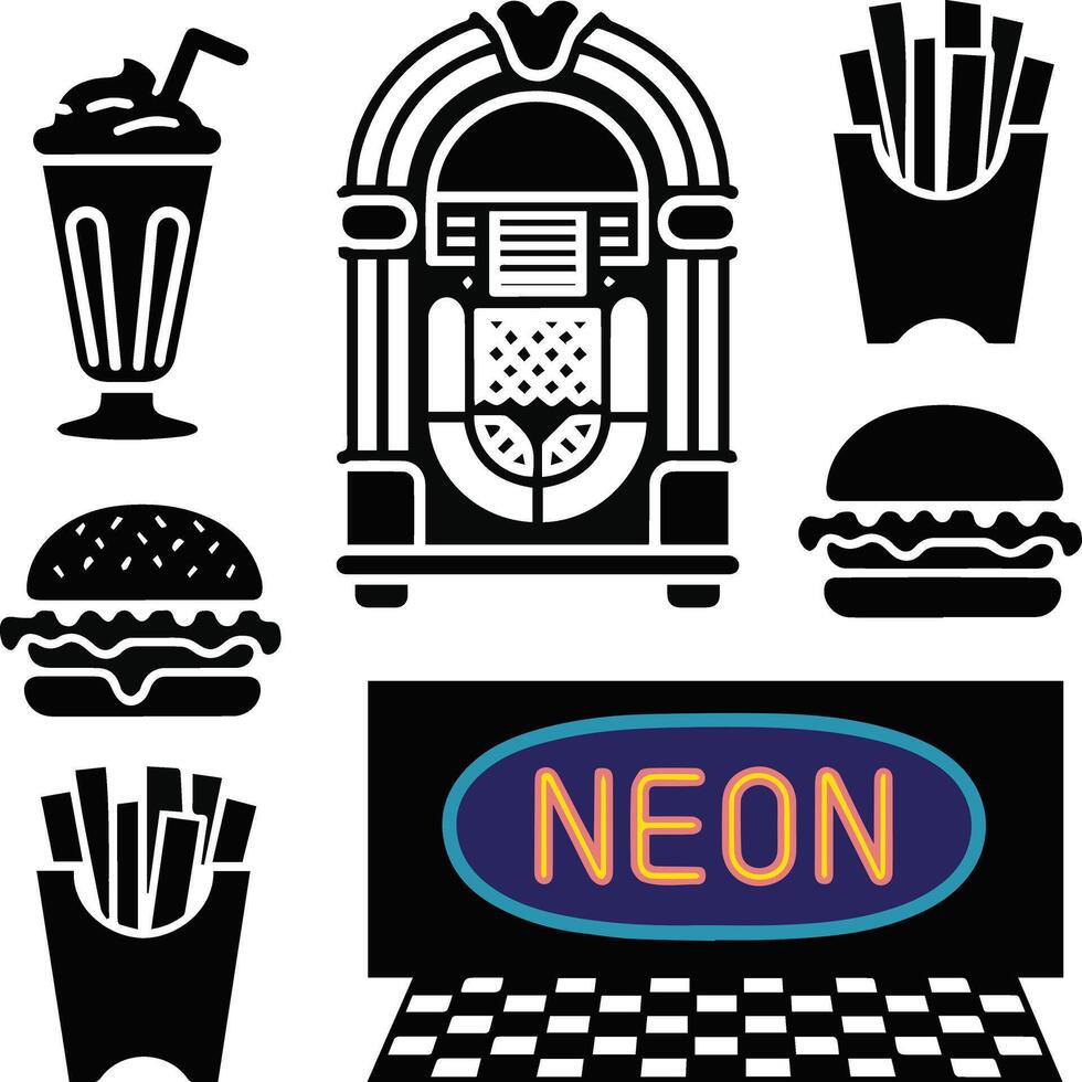 A set of silhouette image set of Milkshake, jukebox, burger, fries, neon sign, checkered floor vector