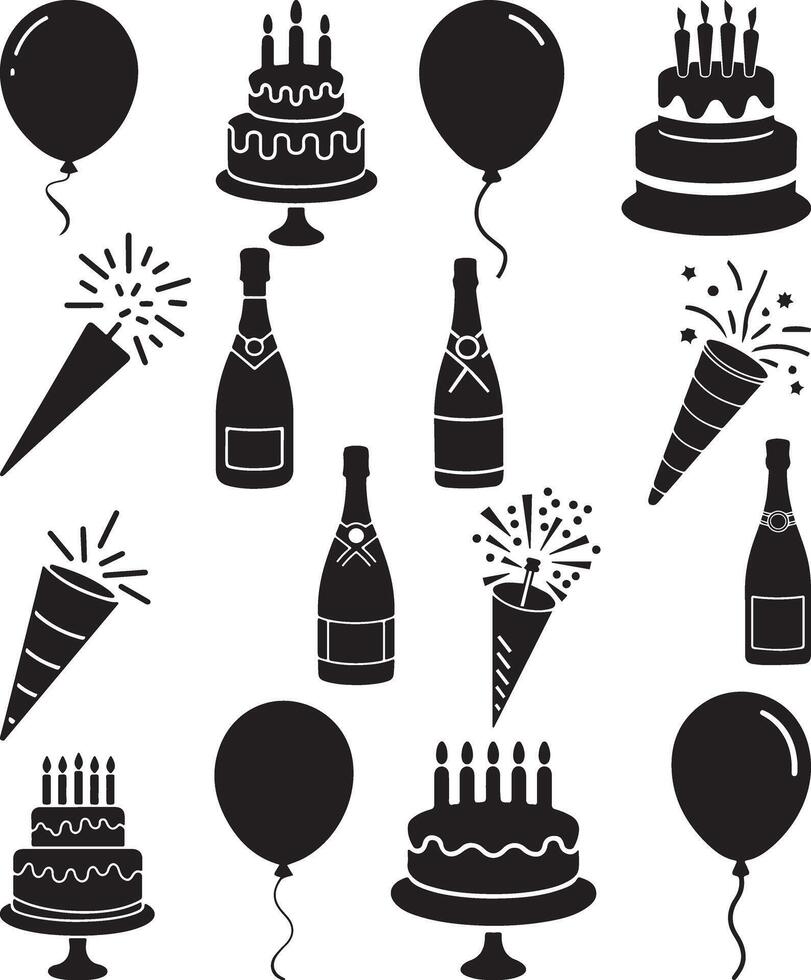 A silhouette image set of a party balloon, confetti, a birthday cake, a champagne bottle, a streamer, and a party popper vector