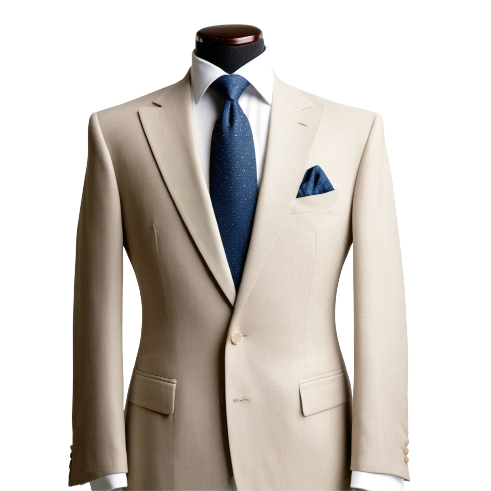 Beige Suit with Blue Tie and Pocket Square on Mannequin on Transparent Background png