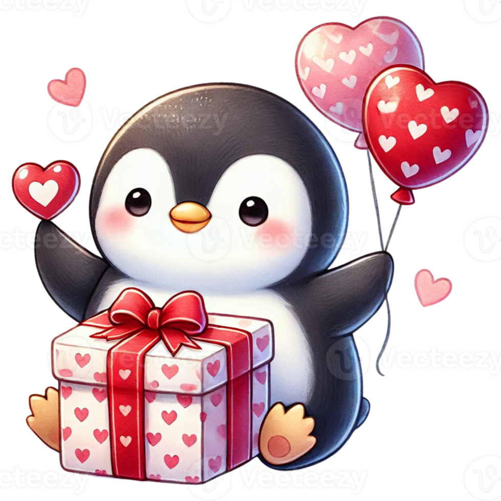 Cute penguin holding balloons and a gift box for celebration. Valentine's day cartoon character. png