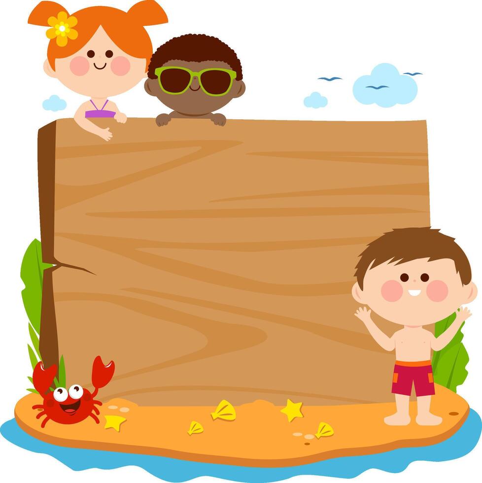 Blank wooden sign template with kids on a summer island with swimming suits. Children at the beach background. vector
