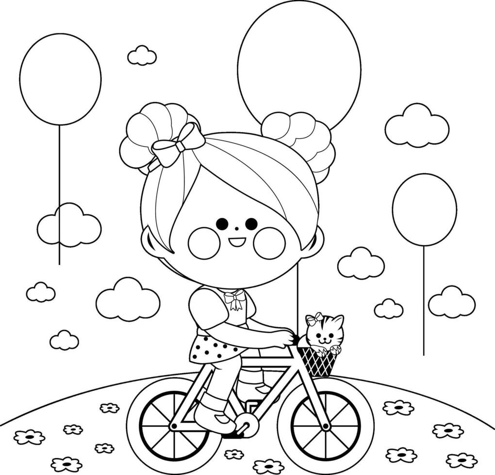 Happy little girl riding a bicycle at the park. Cute girl rides her bike with her balloon and pet cat. Black and white coloring page. vector