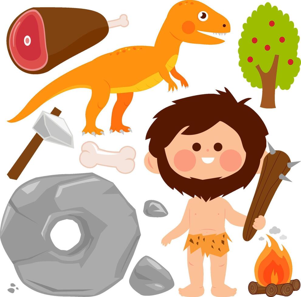 Prehistoric set with a caveman, dinosaur, rocks, wheel and primitive weapons. Cartoon primitive man with tools in stone age. vector
