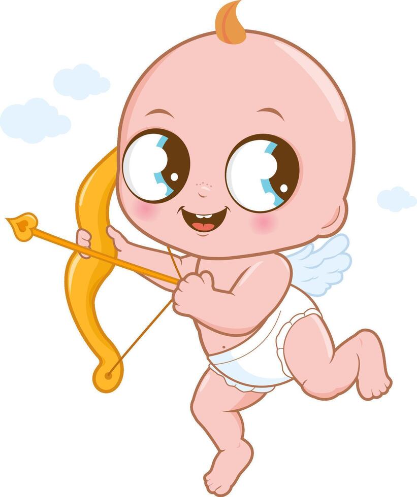 Valentine cupid shooting an arrow. Cute cupid baby boy with a bow and arrow. Valentine day baby cupid angel with wings and bow and arrow. vector