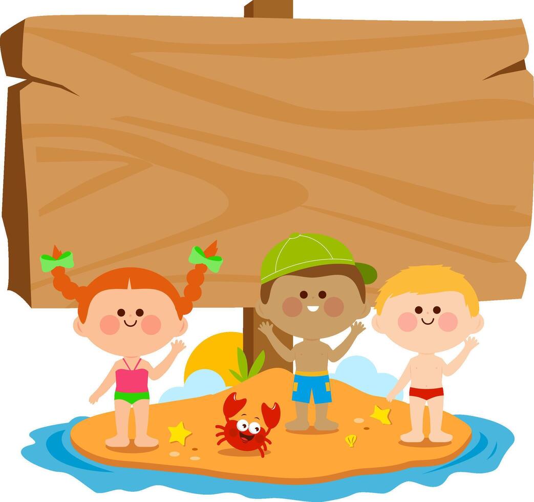 Kids at the beach background. Children at the beach on a summer island and blank wooden sign. vector