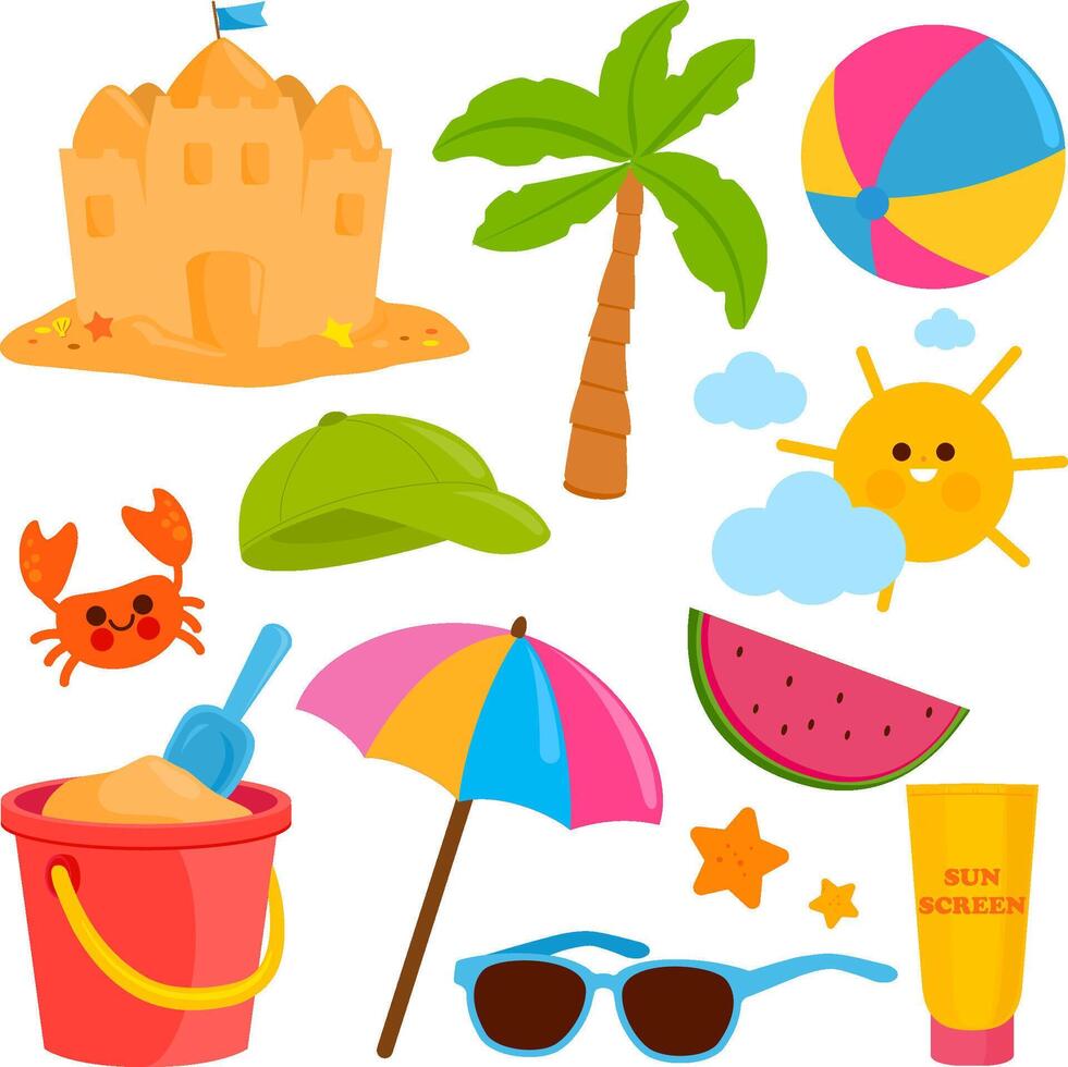Summer beach vacation set. Tropical island swimming in the sea and sun. vector