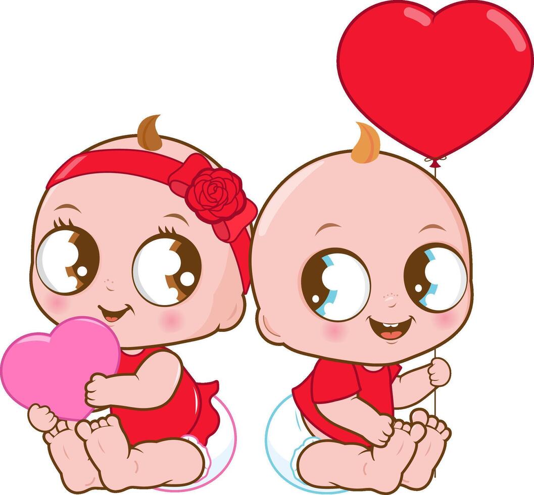 Happy Valentine day celebration babies, a girl and a boy. Cute baby toddlers, a baby girl and a baby boy with red heart balloon. vector