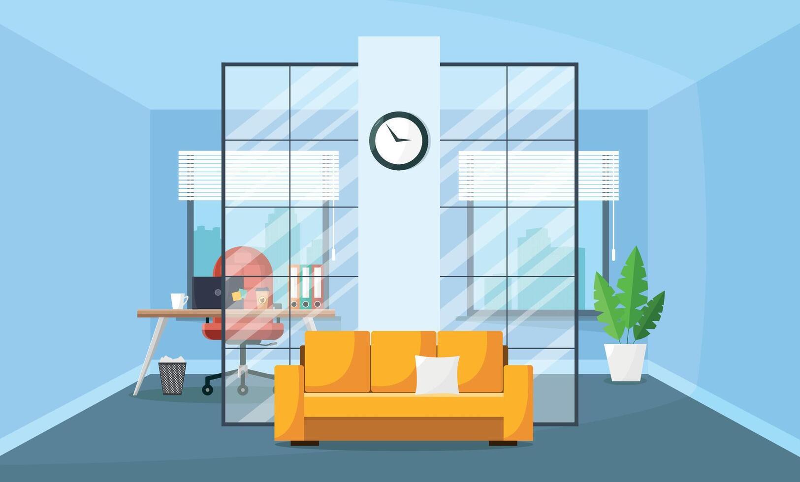 Office interior with furniture, equipment and windows. Workroom. vector