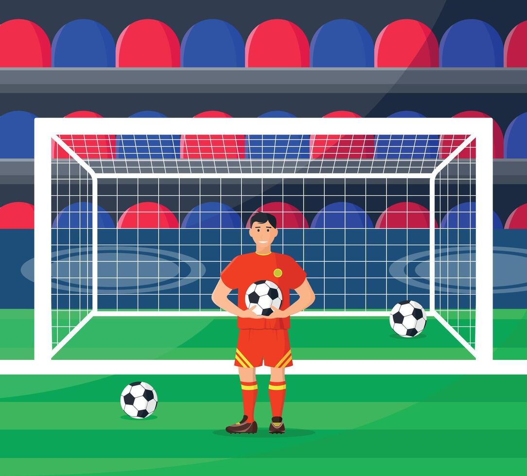 Football player in red uniform with ball in goal against background of stands. vector