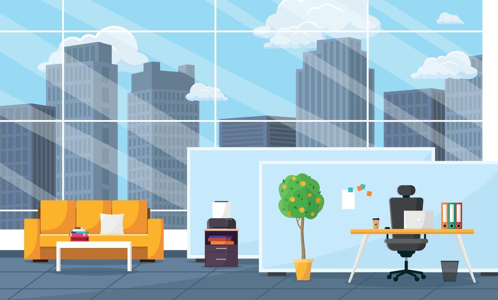 Open plan office interior with furniture, equipment and tree. Office workspace with partitions. vector