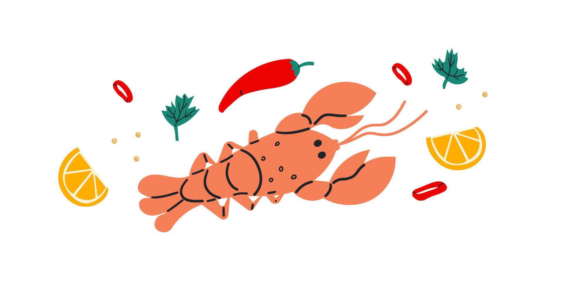 Lobster Icon on White Background. flat hand drawn illustration , sea food with spices lemon,chili . vector