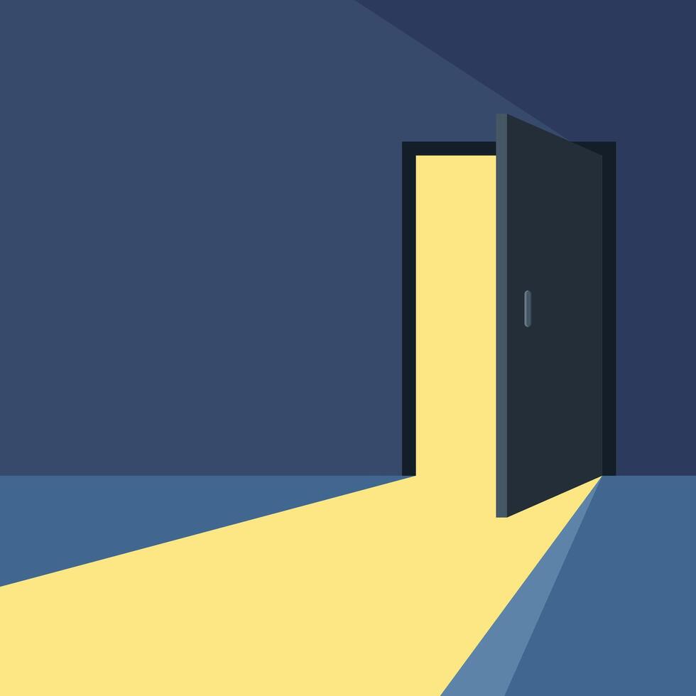 Open door with light icon in flat style. Dark room illustration on isolated background. Doorway entrance sign business concept. vector