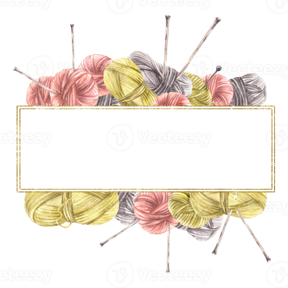 Balls of yarn threads with knitting needles rectangular frame. Realistic skeins of string gold framed. Watercolor hand drawn illustration. Hobby handicrafts label template isolated from background png
