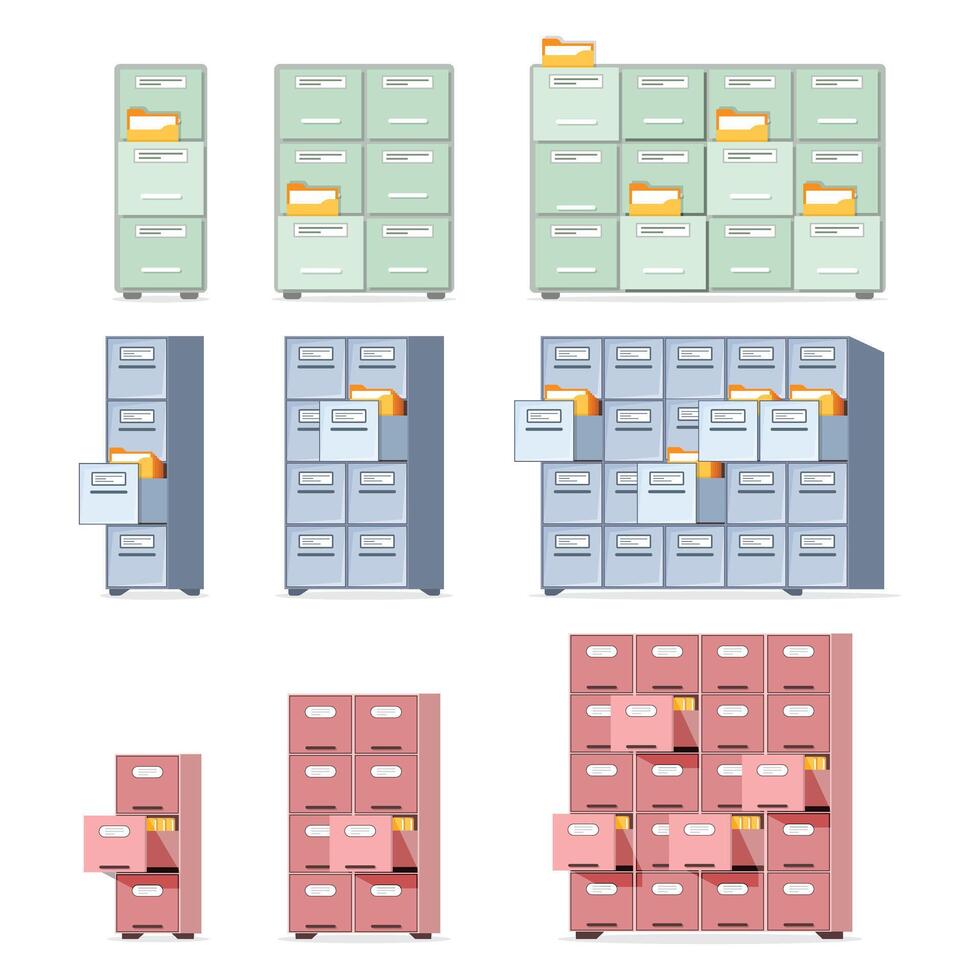 Office cabinet icon set in flat style. Furniture storage illustration on isolated background. Drawer sign business concept. vector