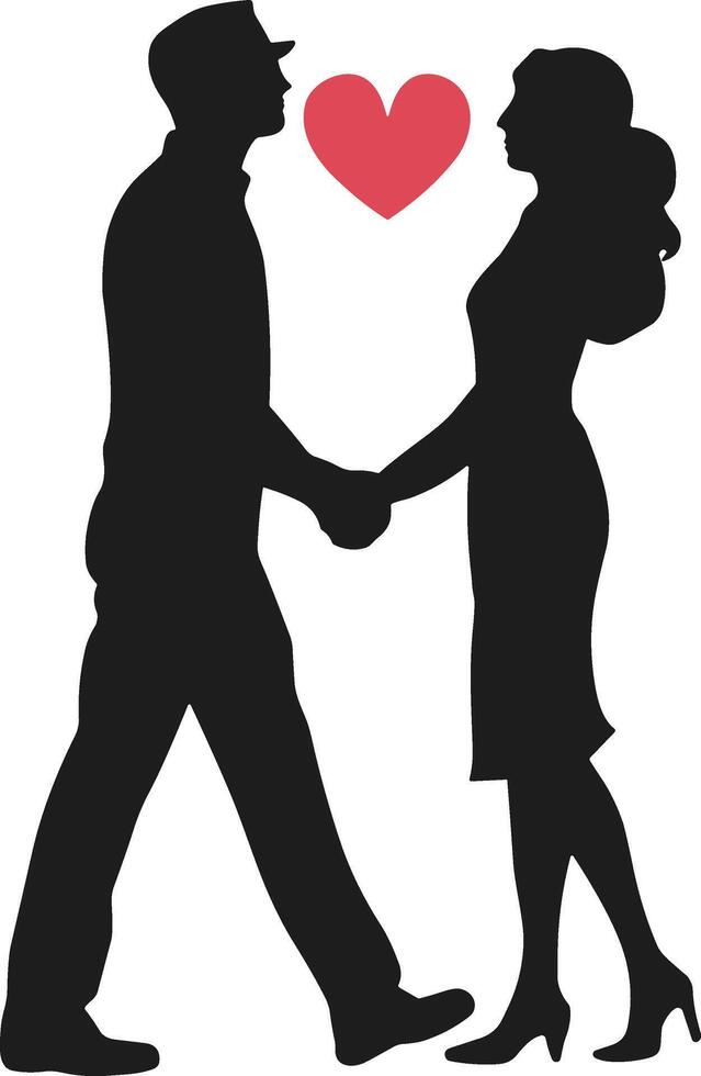 Romantic Couple Silhouette Holding Hands with Heart Illustration vector